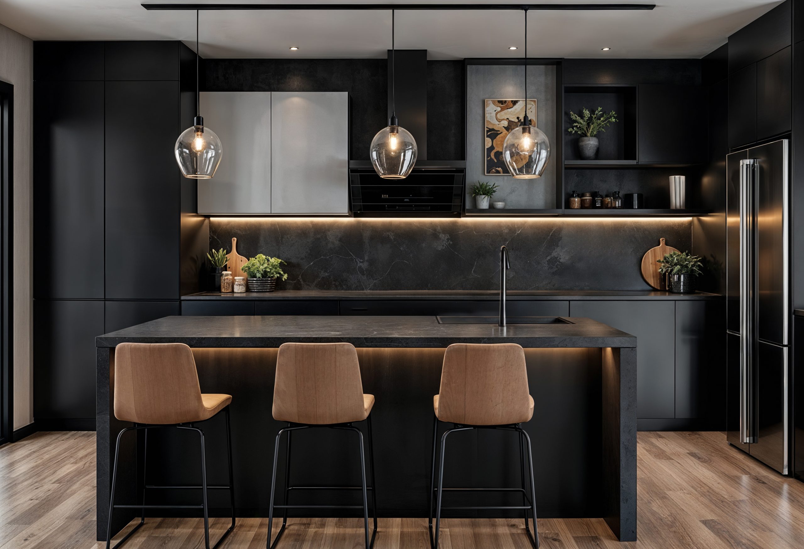 Contemporary black kitchen design with island and pendant lighting