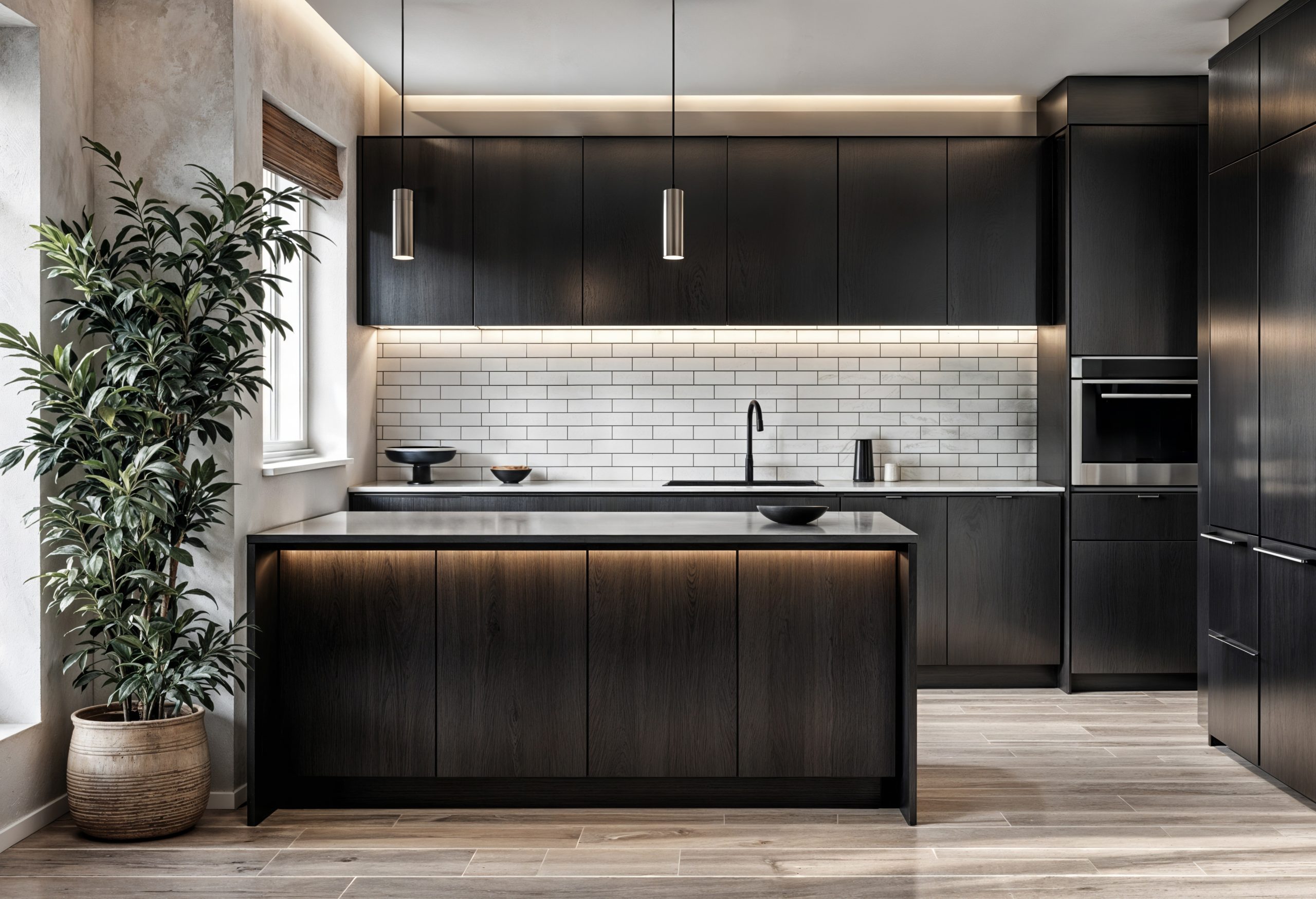Contemporary kitchen interior with dark wood cabinetry